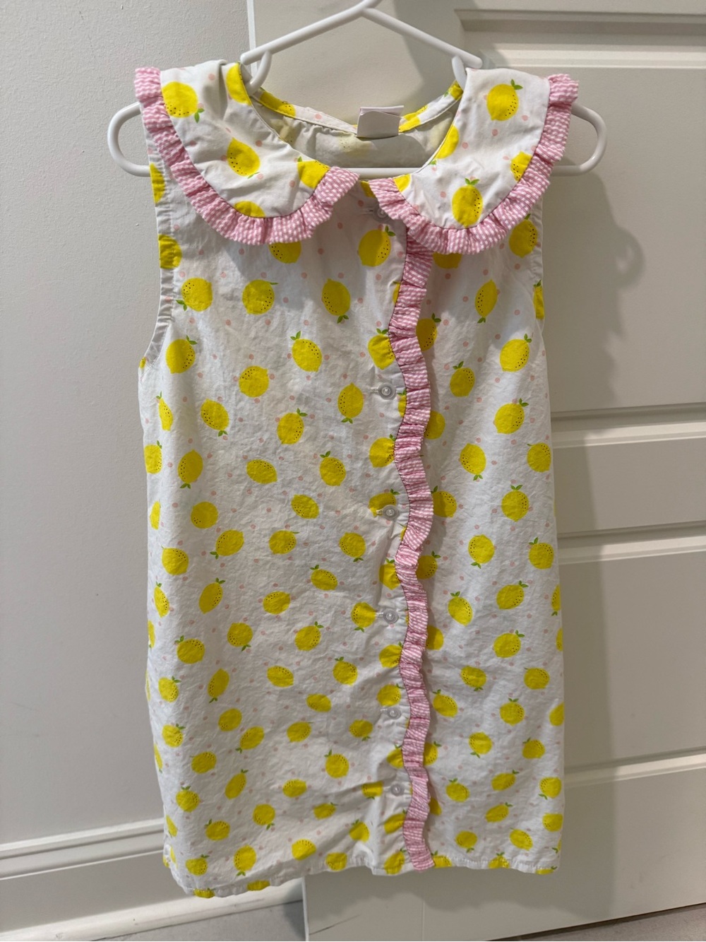 Girls' White Lemon Print Cotton Dress with Pink Trim